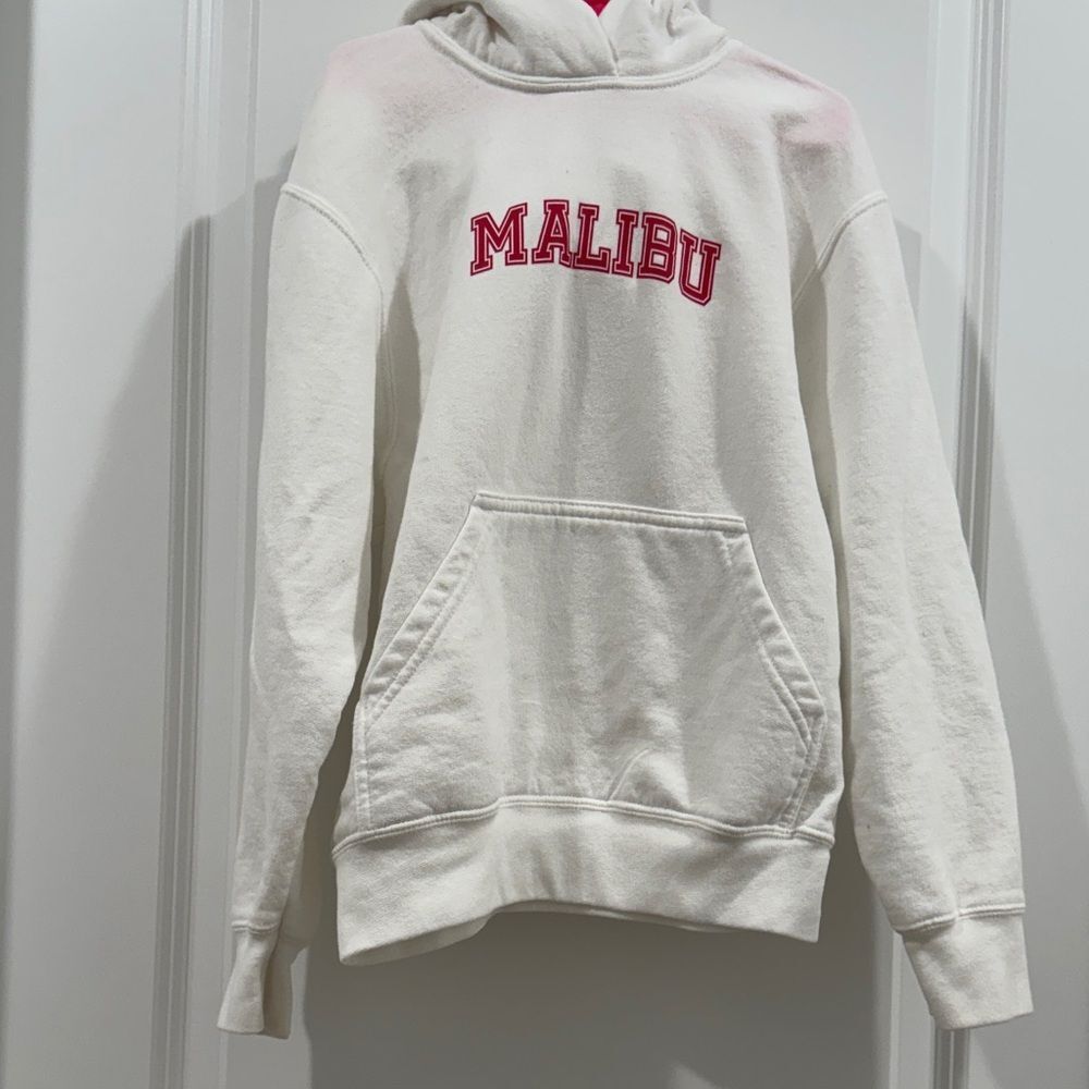 Malibu Kids Hoodie in White with bright pink Logo